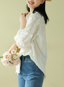 White Embroidered Single-breasted Openwork Blouse