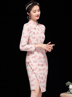 Mandarin Collar Long Sleeve Jacquard Sheath Dress