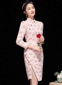 Mandarin Collar Long Sleeve Jacquard Sheath Dress
