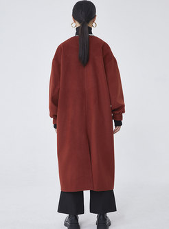 V-neck Lantern Sleeve Long Wool Blend Coat