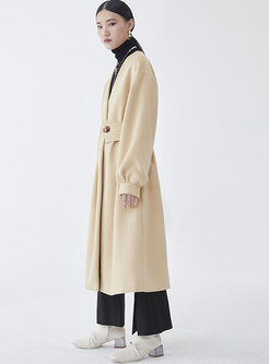 V-neck Lantern Sleeve Long Wool Blend Coat