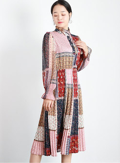 Turtleneck Long Sleeve Print Pleated Midi Dress