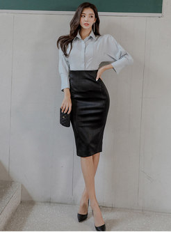 Long Sleeve Brief Shirt & High Waisted Sheath PU Skirt