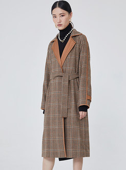 Color-blocked Plaid Straight Long Wool Blend Coat