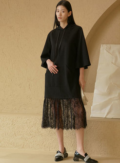 Casual Hooded Half Sleeve Lace Patchwork Shift Dress