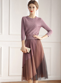 Long Sleeve Pullover Sweater & A Line Mesh Skirt