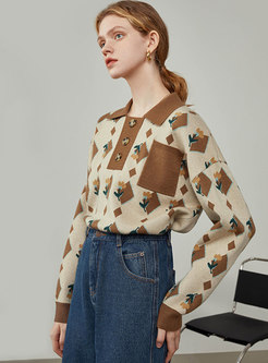 Turn-down Collar Jacquard Pullover Loose Sweater