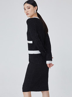 Color-blocked Cardigan & Sheath Knitted Skirt