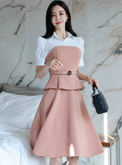 Color-blocked Short Sleeve Patchwork Peplum Dress