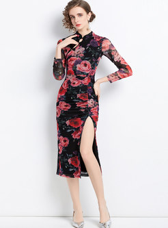 Mandarin Collar Long Sleeve Print Sheath Midi Dress