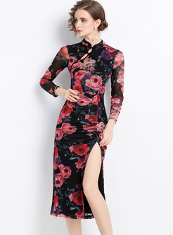 Mandarin Collar Long Sleeve Print Sheath Midi Dress
