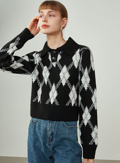 Turn-down Collar Plaid Short Pullover Sweater