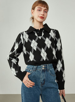 Turn-down Collar Plaid Short Pullover Sweater