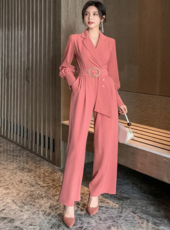 Long Sleeve Belted Wide Leg Jumpsuits