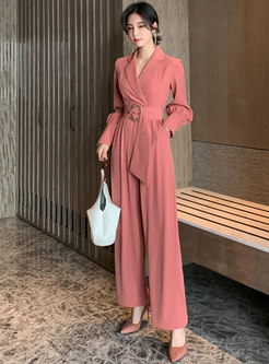 Long Sleeve Belted Wide Leg Jumpsuits