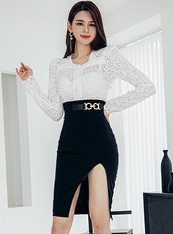 Lace Openwork Sexy Blouse & Sheath Pencil Skirt