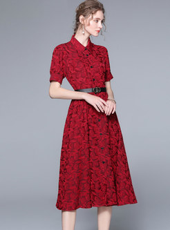 Red Short Sleeve Jacquard Belted Midi Dress