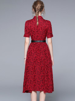 Red Short Sleeve Jacquard Belted Midi Dress