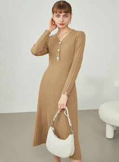 V-neck Long Sleeve A Line Midi Sweater Dress