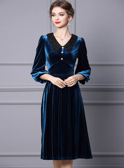 V-neck Long Sleeve A Line Pleated Velvet Midi Dress