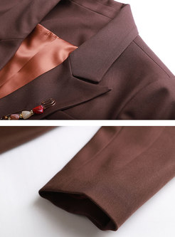 Notched Collar Belted Blazer & Mesh Print Long Skirt