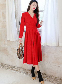 Red V-neck Long Sleeve A Line Midi Cocktail Dress