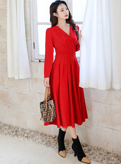Red V-neck Long Sleeve A Line Midi Cocktail Dress