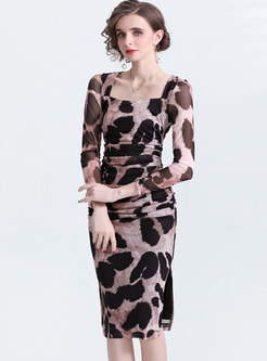 Sexy Square Neck Long Sleeve Leopard Midi Dress