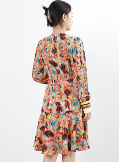 V-neck Long Sleeve Print High Waisted Skater Dress