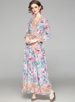  V-neck High Waisted Floral Wrap Maxi Dress