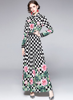 Retro Plaid Print High Waisted A Linger Maxi Dress