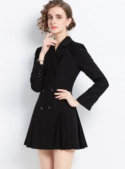 Long Sleeve Double-breasted Pleated Mini Dress