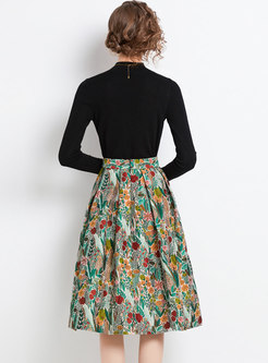 Black Slim Sweater & High Waisted Print Pleated Skirt