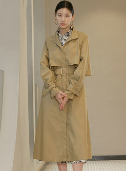 Casual Long Sleeve Belted A Line Long Trench Coat