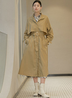 Casual Long Sleeve Belted A Line Long Trench Coat