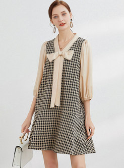 Bowknot Houndstooth Patchwork Mini Shift Dress