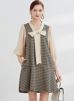 Bowknot Houndstooth Patchwork Mini Shift Dress