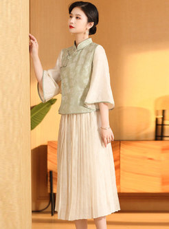 Mandarin Collar Patchwork Pleated Midi Skirt Suits