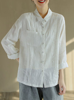 Long Sleeve Single-breasted Pleated Blouse