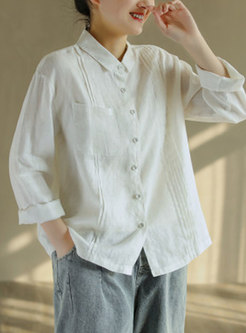 Long Sleeve Single-breasted Pleated Blouse