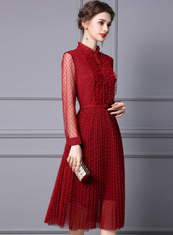 Mock Neck Long Sleeve A Line Pleated Cocktail Dress
