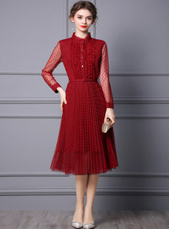 Mock Neck Long Sleeve A Line Pleated Cocktail Dress
