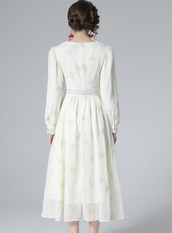 V-neck Long Sleeve Embroidered Midi Dress