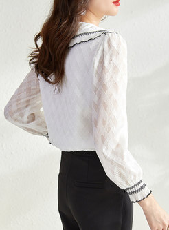 Turn-down Collar Single-breasted Jacquard Blouse