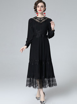 Long Sleeve Lace Patchwork Striped Maxi Dress