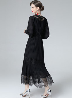 Long Sleeve Lace Patchwork Striped Maxi Dress