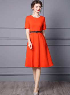 Crew Neck Short Sleeve Belted Midi Cocktail Dress
