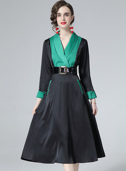 Color-blocked Long Sleeve Belted Midi Dress