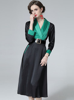 Color-blocked Long Sleeve Belted Midi Dress