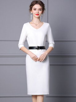 White V-neck Belted Knee-length Bodycon Dress